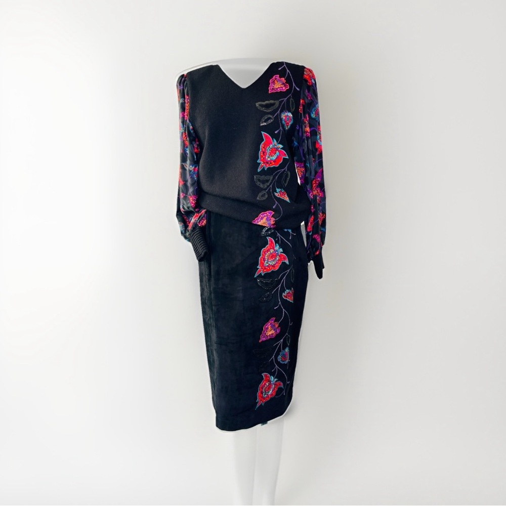 RARE Vintage Umi Collection for Anne Crimmins Leather Skirt & Floral‎ Skirt Set